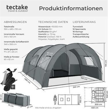 Намет Tectake Tunnelzelt для 6 осіб, сімейний, з тамбуром та підлогою, захист від UV-випромінювання, кемпінговий намет з сумкою для транспортування, 350x480x195 см, темно-сірий/світло-сірий