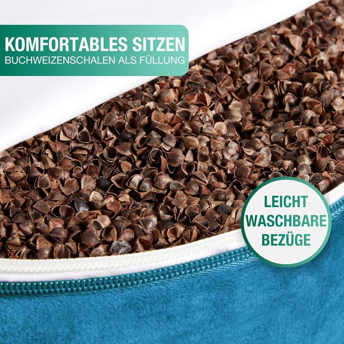 Йога подушка для медитації – Кругла подушка для йоги з наповнювачем з лушпини гречаної – Діаметр 30 см, висота 23 см, змивний оксамитовий чохол (Petrol)