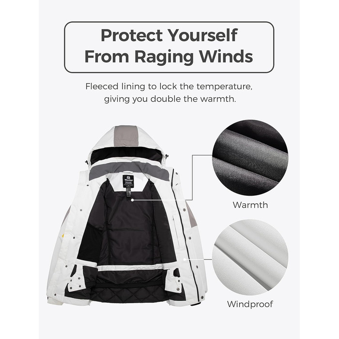 Водонепроникна лижна куртка Wantdo для чоловіків, спортивний мантель для активного відпочинку, тепла зимова куртка для гірських прогулянок, білий+червоний (M, білий+жовтий)