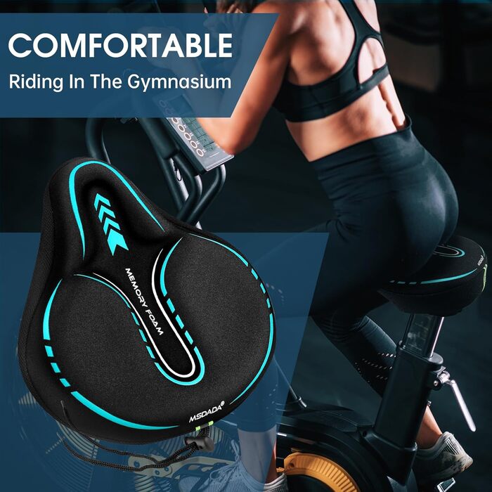 Накидка на сидіння велосипедного сидіння MSDADA з гелевою подушкою, широка, з ефектом пам'яті, для MTB, тренажерів, Peloton, зручна для жінок, чоловіків, літніх людей (чорний/бірюзовий)