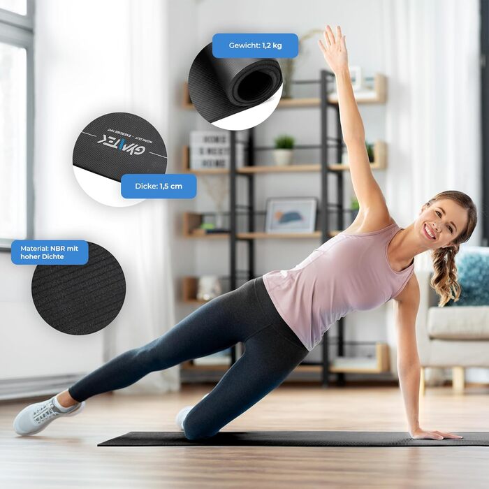 Фітнес-мат для йоги Gymtek 180x61 см, NBR 1,5 см, чорний, з ременями для перенесення, для пілатесу, аеробіки та гімнастики