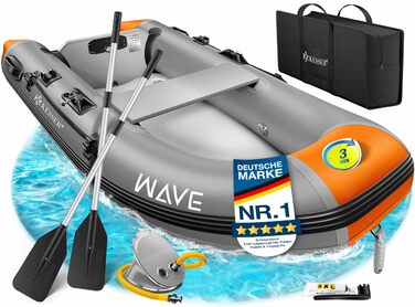 Надувний човен KESSER Wave 230-320 см (6 предметів): човен, лава, насос, весла, ремкомплект, сумка. Можливість встановлення мотора, для солоної води (Сірий/Помаранчевий, 2.30м)