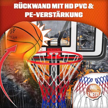 Баскетбольний кошик KESSER® Outdoor зі стійкою та колесами. В комплекті 2 сітки, м'яч та насос. Регульована висота 230-305 см. Підходить для дітей та дорослих.