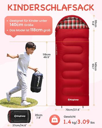 Сплячий мішок KingCamp для дітей з фланелі, легкий, водонепроникний, компактний, зимовий, 4 сезони, для кемпінгу, підходить для дітей до 140 см, комфортна температура: 7°C (червоний)