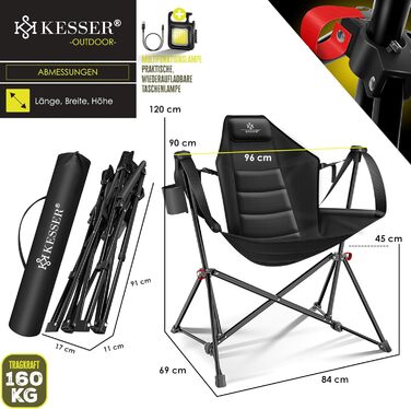 Крісло для кемпінгу KESSER® розкладне, гойдалка, до 160 кг | Рибальське крісло, з підсвічуванням та тримачем для напоїв | З м'яким сидінням та високою спинкою | Розслаблююче крісло для пляжу, хакі (чорний / чорний)