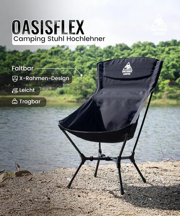 Стілець для кемпінгу OneTigris OASISFLEX, висока спинка, 150 кг, складний, легкий, з інтегрованим хрестоподібним каркасом, для риболовлі, з 2 кишенями, для відпочинку на природі, піших прогулянок (чорний)