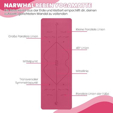 Килимок для йоги Narwhal з розміткою, нековзкий, для фітнесу, пілатесу та гімнастики, 183x61 см (Рожевий, 6 мм)