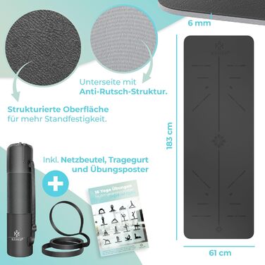 Килимок для гімнастики KESSER® з ручкою для перенесення, TPE, антиковзкий, фітнес, 183 x 61 см, для фітнесу, спорту, пілатесу та гімнастики (сірий)