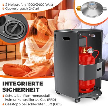 Газовий обігрівач KESSER®: газовий камін-піч, інфрачервоний нагрівач 3,4 кВт, 2 режими, з газовим редуктором та шлангом, для бутану/пропану до 11 кг, антрацит
