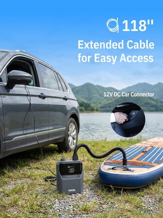 Електричний насос Niphean для SUP-дощок та автомобільних шин, 50 PSI, з подовженим кабелем зарядки 300 см та сумкою для зберігання