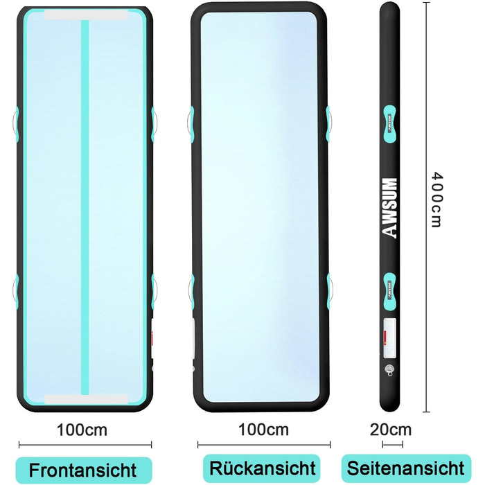 AWSUM Килимок для гімнастики надувний, 2/3/4/5/6 м, для йоги, фітнесу, дому, 10/20 см, м'ятно-зелений + чорний