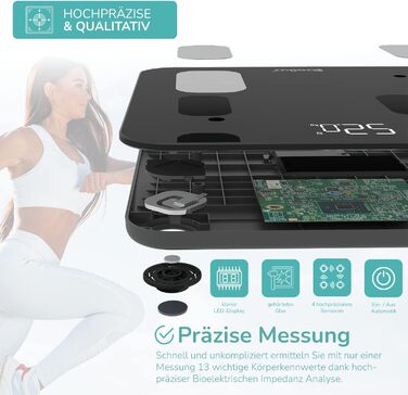 Вага Belko для вимірювання жиру в тілі Smart з Bluetooth® та додатком для вимірювання жиру, ІМТ, ваги, м'язової маси, води, білка, BMR та іншого, чорна