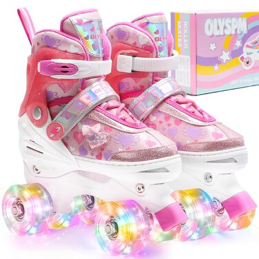 Роликові ковзани для дівчаток з блискучими сердечками та світлодіодними колесами, 4-разово регульовані, ролики для дітей-початківців, ідеальний подарунок на день народження або Різдво (S, Рожевий)