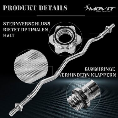 Гриф для штанги MOVIT Profi SZ 30 мм, вигнутий, 120/130 см, хромований або чорний, з гвинтовим або пружинним замком