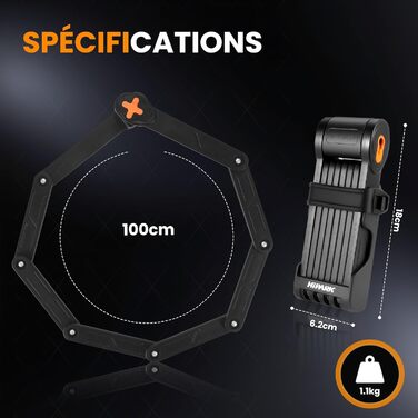 Замок для велосипеда складний 100см з ключами, висока безпека, з кріпленням, з легованої сталі, чорно-оранжевий