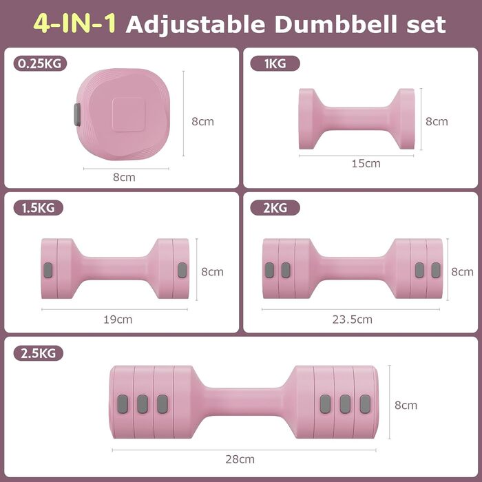 Набір змінених гантелей для жінок, 1-5 кг, 2 шт. (короткі гантелі) 4-в-1 для дому та фітнесу, тренування вдома