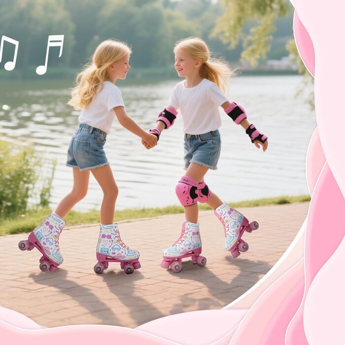 Роликові ковзани XUDREZ з підсвічуванням для дітей та дорослих, рожевий принт, квадроколісні, регульовані, для дівчаток, дам та початківців (37)
