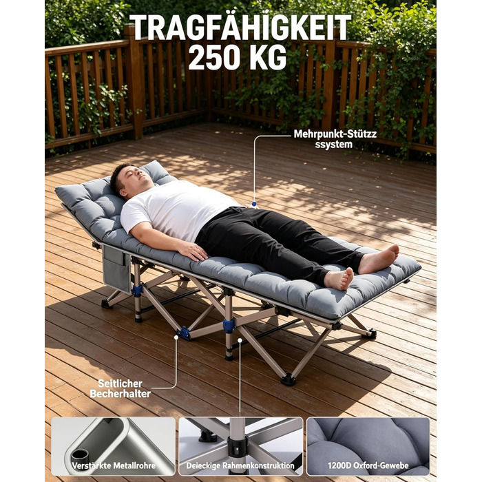 Ліжко туристичне розкладне Feldbett 7-зонне XXL 250 кг, 1200D Oxford, кут нахилу 15°, сіре – для кемпінгу, саду, палатки