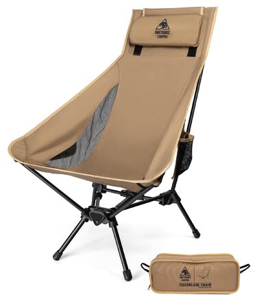 Стілець для кемпінгу OneTigris TIGERBLADE з високою спинкою, 170 кг, складний, легкий, з трикутним каркасом, для риболовлі з 2 кишенями, для відпочинку на природі, піших прогулянок, колір Койот