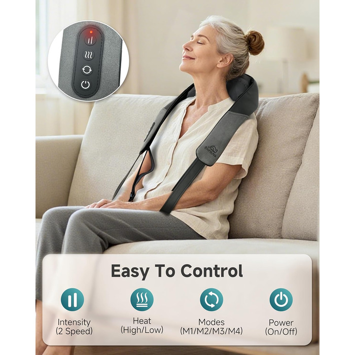 Масажер для шиї та спини Snailax Shiatsu бездротовий з підігрівом, 4D ролики, акумуляторний, USB-C, чорний