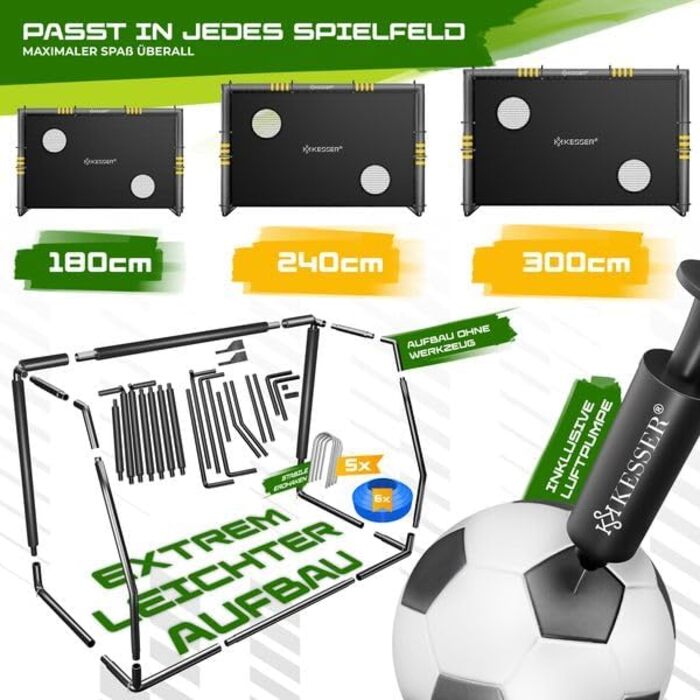 Ворота для футболу KESSER® для саду: міцні, для тренувань, з UV-стійкою сіткою, сталевий каркас з підкладкою, земляні анкери, повітряний насос, фішки, монтажні аксесуари для дітей та дорослих 180 см - з ворітною рамою антрацитового кольору