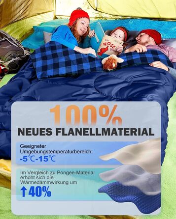 Спальний мішок для двох осіб з флянелі, 220 x 160 см, з двома блискавками, 2 подушки та сумка для перенесення, для дорослих, блакитний