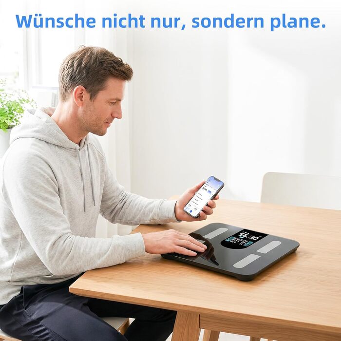 Розумні ваги для аналізу складу тіла з визначенням відсотка жиру, м'язової маси, BMI та вісцерального жиру, 25 показників, BIA-технологія, до 225 кг, чорні