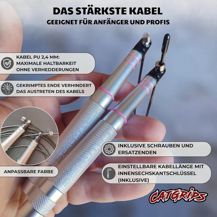 Стрибкове канат Crossfit CATGRIPS Springseil: алюмінієва ручка, сталеве ядро з підшипниками, легке та професійне для занять у спортзалі та боксі, з сумкою та запасними частинами, срібний