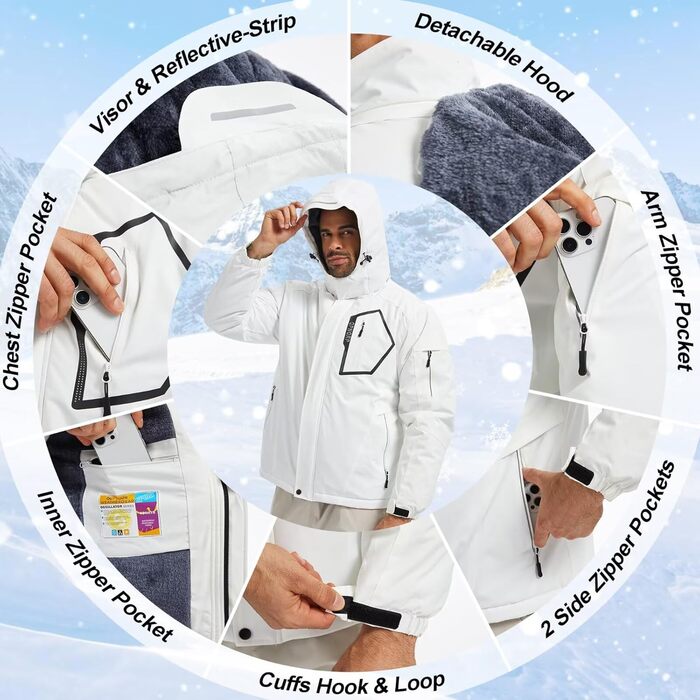 Чоловіча лижна куртка QPNGRP, водонепроникна, ізольована, зимовий пуховик, 5 кишень на блискавці, білий/оптичний сад