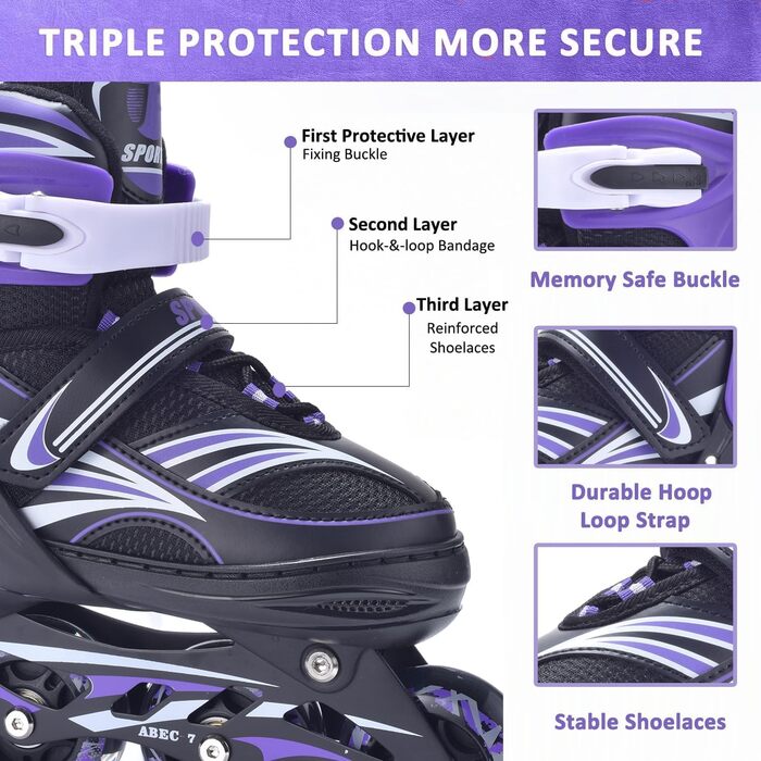 Дитячі ролики ERAN з регулюванням розміру. Роликові ковзани, регульовані на 4 розміри для дівчаток/хлопчиків/дітей, для використання в приміщенні та на вулиці, фіолетовий колір