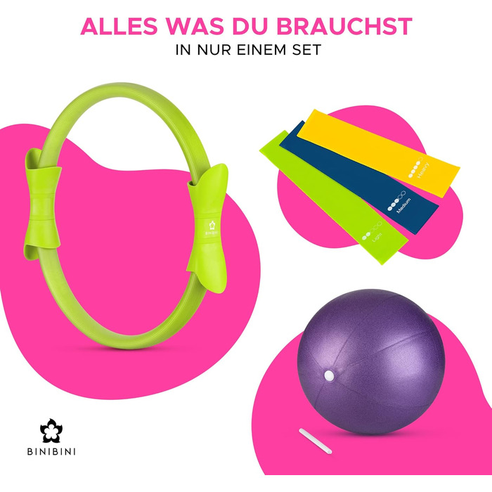 Набір для пілатесу BINIBINI®: кільце, м'яч та фітнес-гумки - 5-ти елементний комплект для дому - включає м'яч для йоги та 3 гумки Terra Band