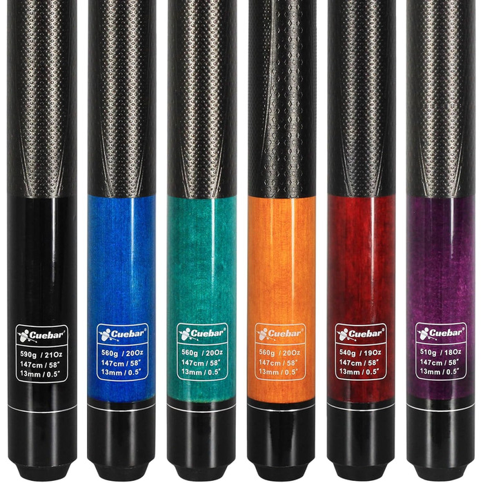 Набір київ для більярду CUEBAR 6 шт., кийки для більярду 45,7 см, 50,8 см, 595.3 г, кийки для більярду для дому з 3D-рукояткою, 147,3 см, для чоловіків та жінок, кольори: фіолетовий, червоний, зелено-блакитний, синій, чорний