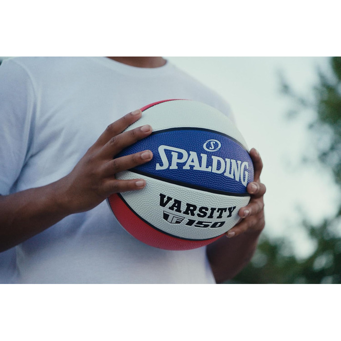 Баскетбольний м'яч Spalding TF-150 Varsity: міцний гумовий матеріал, офіційний розмір, для всіх поверхонь, з рельєфним покриттям Shooter's Seam (червоний, білий, синій)