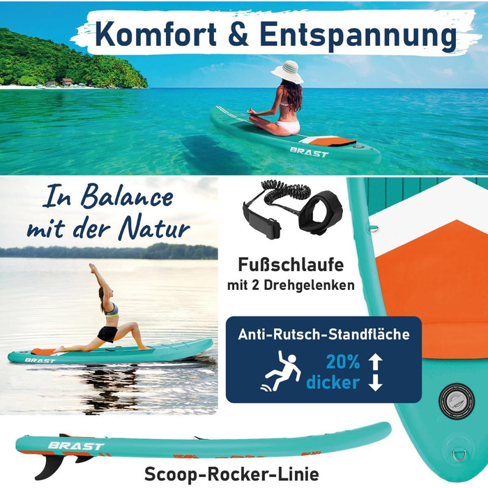 SUP дошка BRAST Turtle надувна з веслом, 320x81x15 см, бірюзова - комплект для Stand Up Paddleboarding (SUP) з 5-річною гарантією