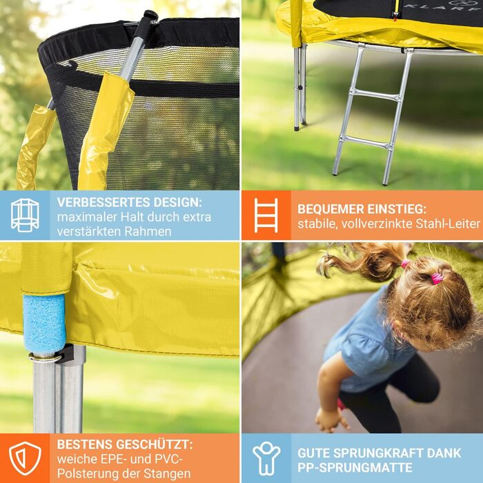 Трамплін Klarfit Jumpstarter для дітей, 250 см, жовтий: безпечний, з лебідкою та сіткою, для саду, фітнес, 5-9 років