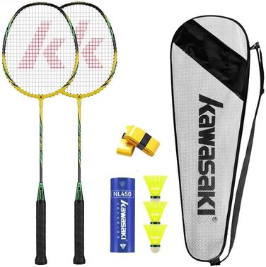 Набір для бадмінтону Kawasaki - 2 ракетки, 3 м'ячики, сумка для тренувань та спорту. Професійний, жовто/зелений