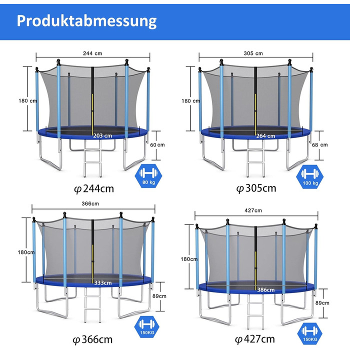 Батут COSTWAY для саду: Ø 244/305/366/427 см, з драбиною та захисним сітком, комплект для дітей