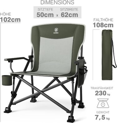 Крісло для кемпінгу Ever Advanced XL: міцне, з кишенею та підсклянником, 230 кг, 62 см ширина сидіння, для відпочинку на природі, риболовлі, балкону, саду (зелений)