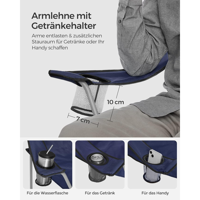 SONGMICS Крісла для кемпінгу, складні, для відпочинку на природі, зручні, з підлокітниками та тримачем для напоїв, стабільний каркас, вантажопідйомність 120 кг, 2 шт (Темно-синій)