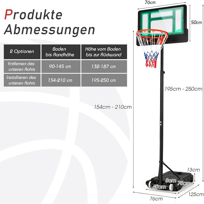 Баскетбольний кошик GOPLUS вуличний для дітей та підлітків, регульована висота 90-210 см, портативний стійкий баскетбольний стенд з колесами та щитом 76x50 см (Зелений)