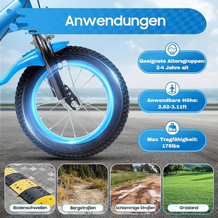 Дитячий велосипед 12 дюймів для дівчаток та хлопчиків з додатковими колесами, дзвінком та кошиком, регульована висота, від 3 років, червоний/синій/блакитний