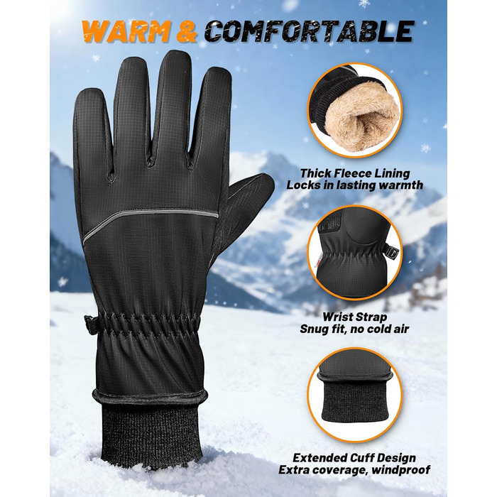 Водонепроникні зимові рукавички GXCROR для жінок та чоловіків з підтримкою сенсорного екрану, 3M Thinsulate, для катання на лижах, велосипеді, прибирання снігу та робіт на відкритому повітрі, до -20°C, теплоізоляція