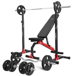 Фітнес-набір Marbo Sport-Set MH7: регульована лавка для штанги, стійка, EZ-гриф, гриф для гантелей та штанги, гумовані вагові диски, 83/113 кг