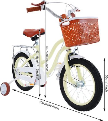 Дитячий велосипед 14 дюймів у стилі ретро з додатковими колесами, заднім сидінням та кошиком, регульована висота, для дітей 3-7 років, бежевий
