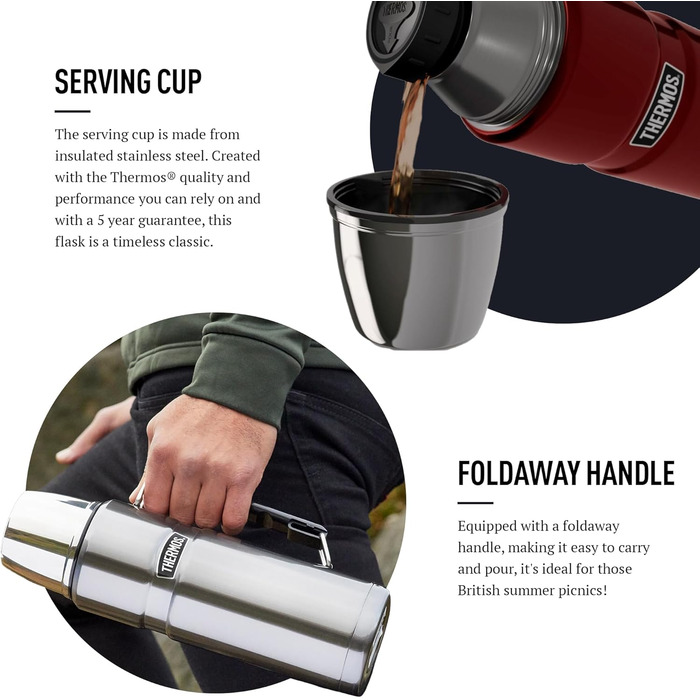 Термос сталевий King Thermosflasche блакитний 1,20л - нержавіюча сталь, абсолютно герметичний, з чашкою та ручкою, 12 год гарячий & 24 год холодний, придатний для миття в посудомийній машині, без BPA, блакитний 1200 мл