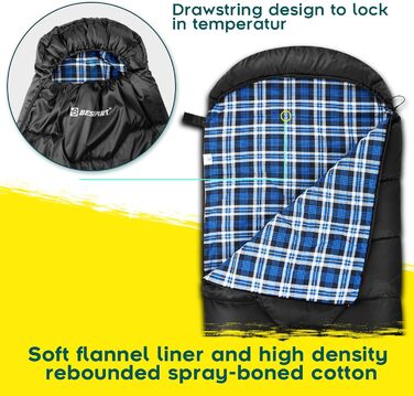 Спальний мішок Bessport фланелевий для кемпінгу 3-4 сезони - 10°C-20°C | Зимовий, легкий, водонепроникний та теплий спальний мішок для дорослих та дітей, для рюкзакових подорожей, кемпінгу, походів та подорожей. Фланелевий, синьо-зелений (-5°C) (фланелеви