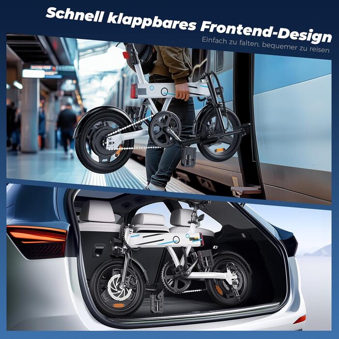 Складний електровелосипед Finbike 14/16 дюймів, 250Вт, акумулятор 7.8Аг, швидка зарядка, 3 режими швидкості, до 45 км, для дорослих і підлітків, біло-синій