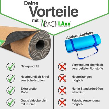 BACKLAXX Йога-мат XXL з корку та натурального каучуку, екологічний, нековзкий, фітнес-мат для йоги, збільшена площа, антиковзні зони, XL
