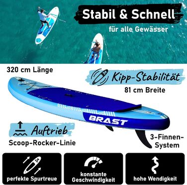Надувний SUP Board BRAST з LED-підсвіткою | Комплект для станд-ап паддлінгу | 320x81x15см | 4 дизайни | LED-підсвічування (10 кольорів) | 5 років гарантії | 2в1 (каяк, сидіння) | Тримач для Action-Cam | Петля для ноги (Shark Blue)