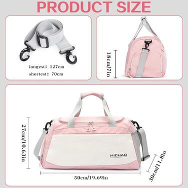 Спортивна сумка-рюкзак для подорожей: велика, водонепроникна, з відділенням для взуття та мокрих речей, для жінок та чоловіків (білий+рожевий)